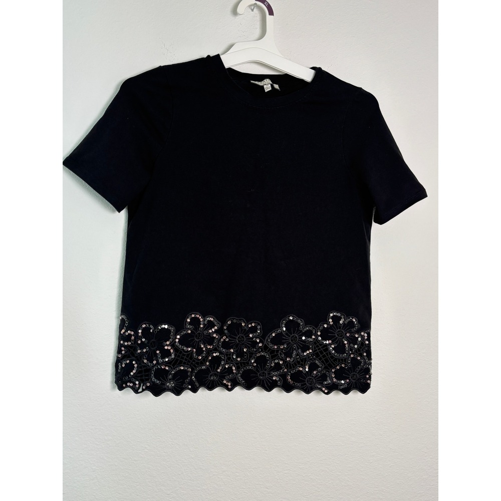 Bagatelle Collection Black Sequin Floral Eyelet Hem Short Sleeve Top XS